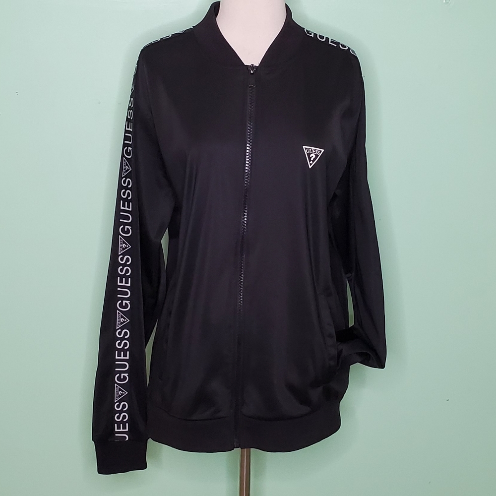 Guess Black Satin Logo Stripe Track Jacket - Picture 1 of 9